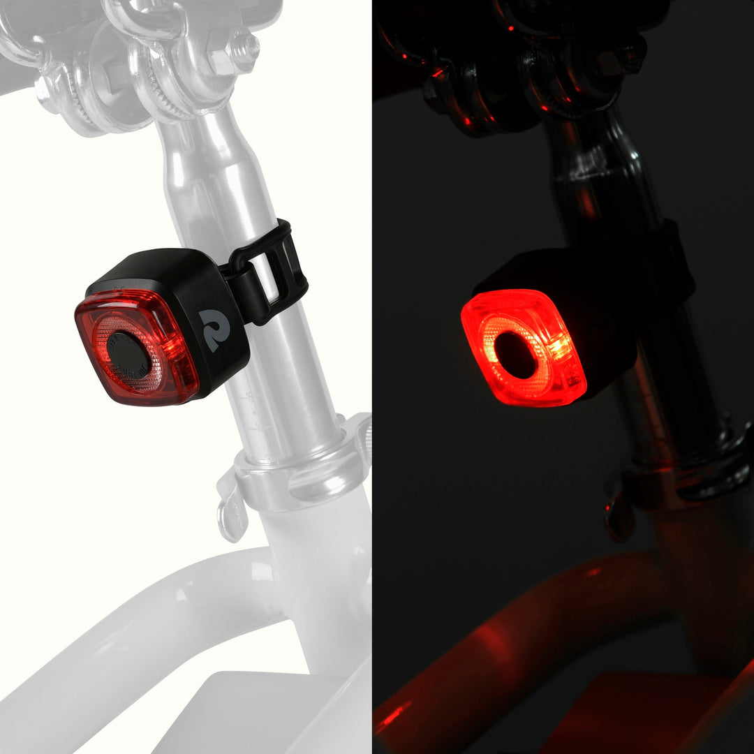 A bright and dark image side by side with a tail light on a bike illuminated.