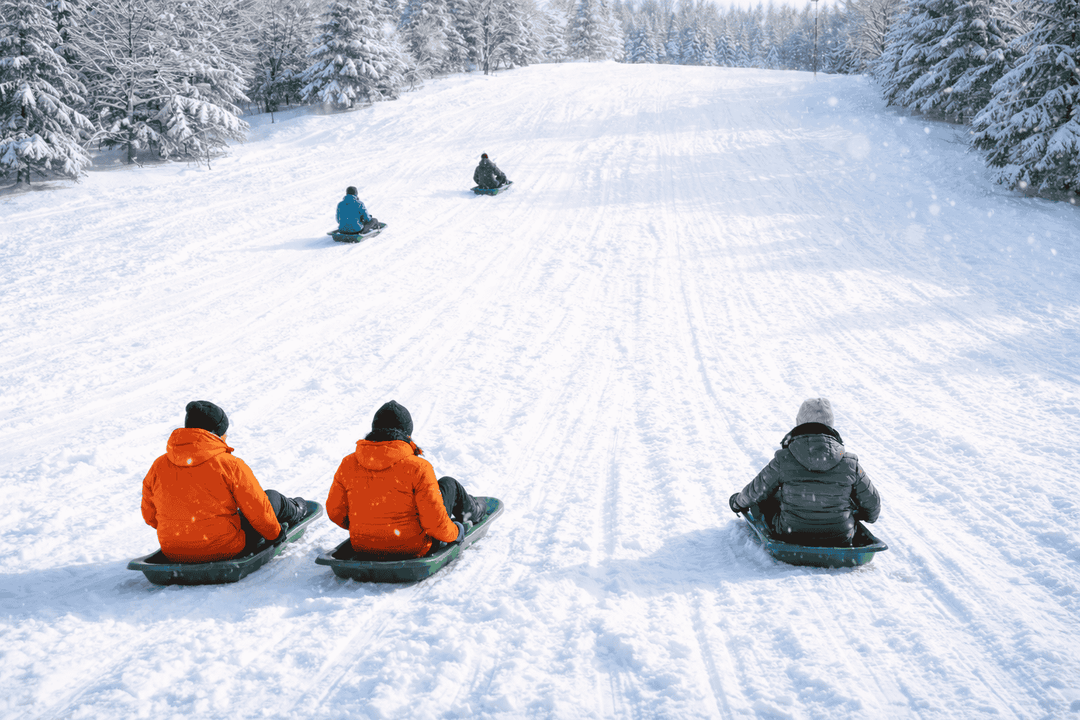 People riding toboggan sleds down a snowy hill surrounded by trees.