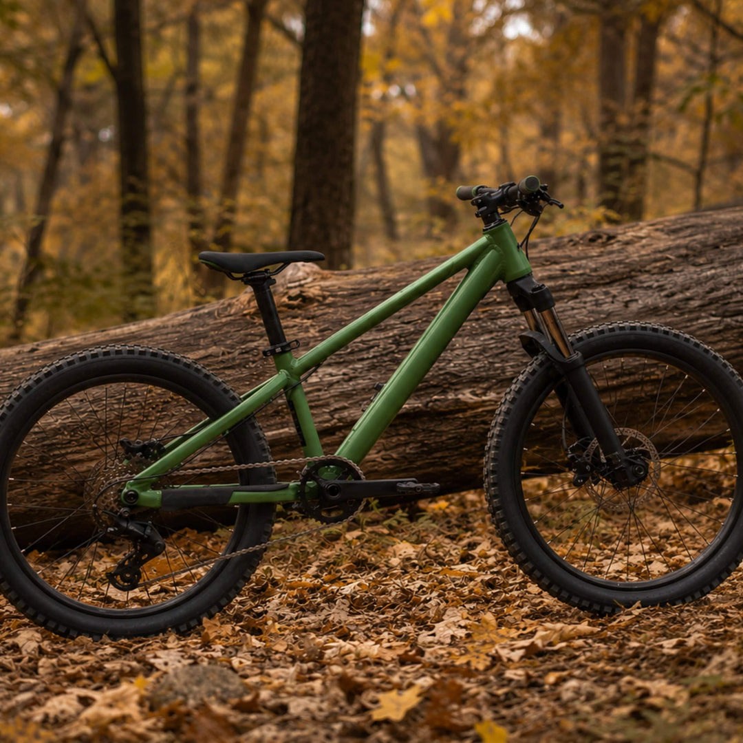 Green kids mountain bike with front suspension and knobby tires leaning against a fallen log in an autumn forest.
