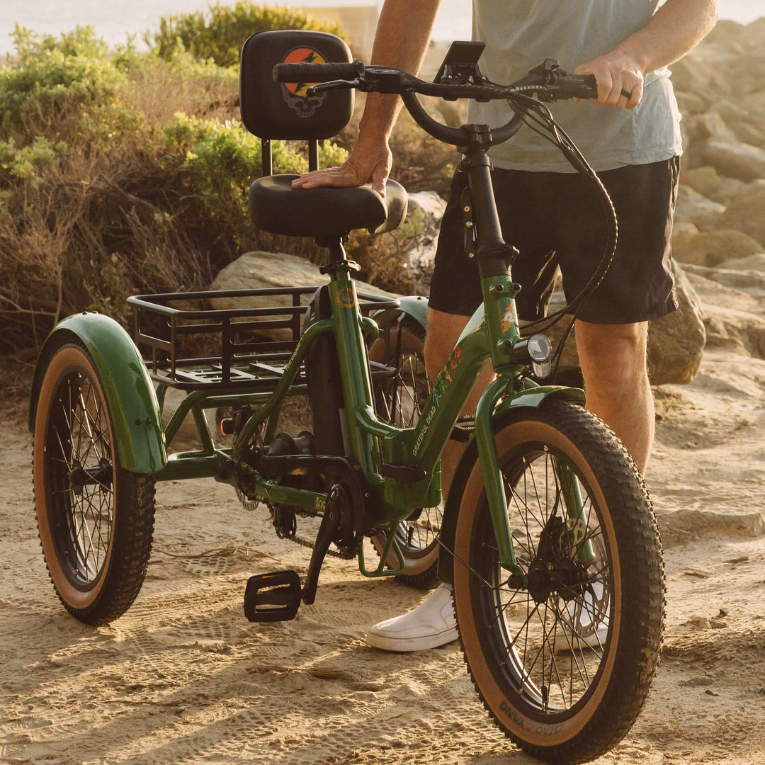 A person stands next to a green electric tricycle with a basket, on a sandy path beside rocks, with sunlight illuminating the scene.