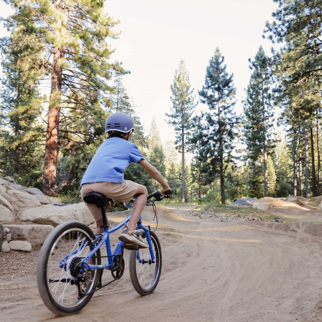 Child riding a blue retrospec Dart kids trail bike on a forest path surrounded by tall pine trees