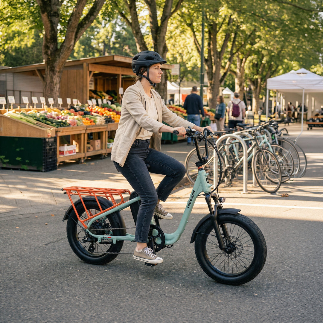 Roo Rev XL electric cargo bike outdoors, representing everyday electric bike options for errands and commuting.