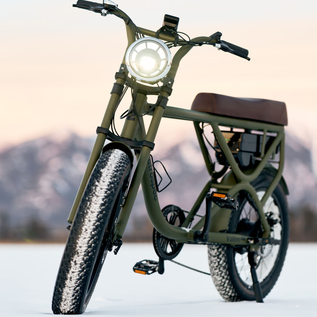 A Valen Rev Fat Tire Electric Bike in Olive in the snow with a white capped mountains in the background.