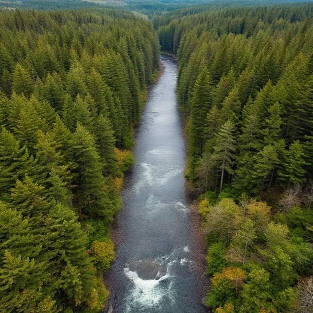 A serene aerial view of a winding river surrounded by lush green evergreens, with hints of autumn foliage along the banks.