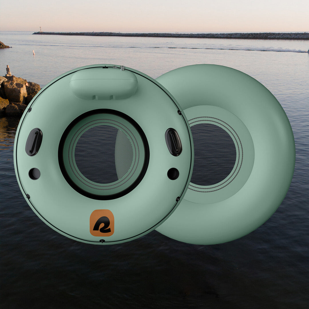 The front and rear of a seafoam Siesta River Tube shown against a body of water in the background.