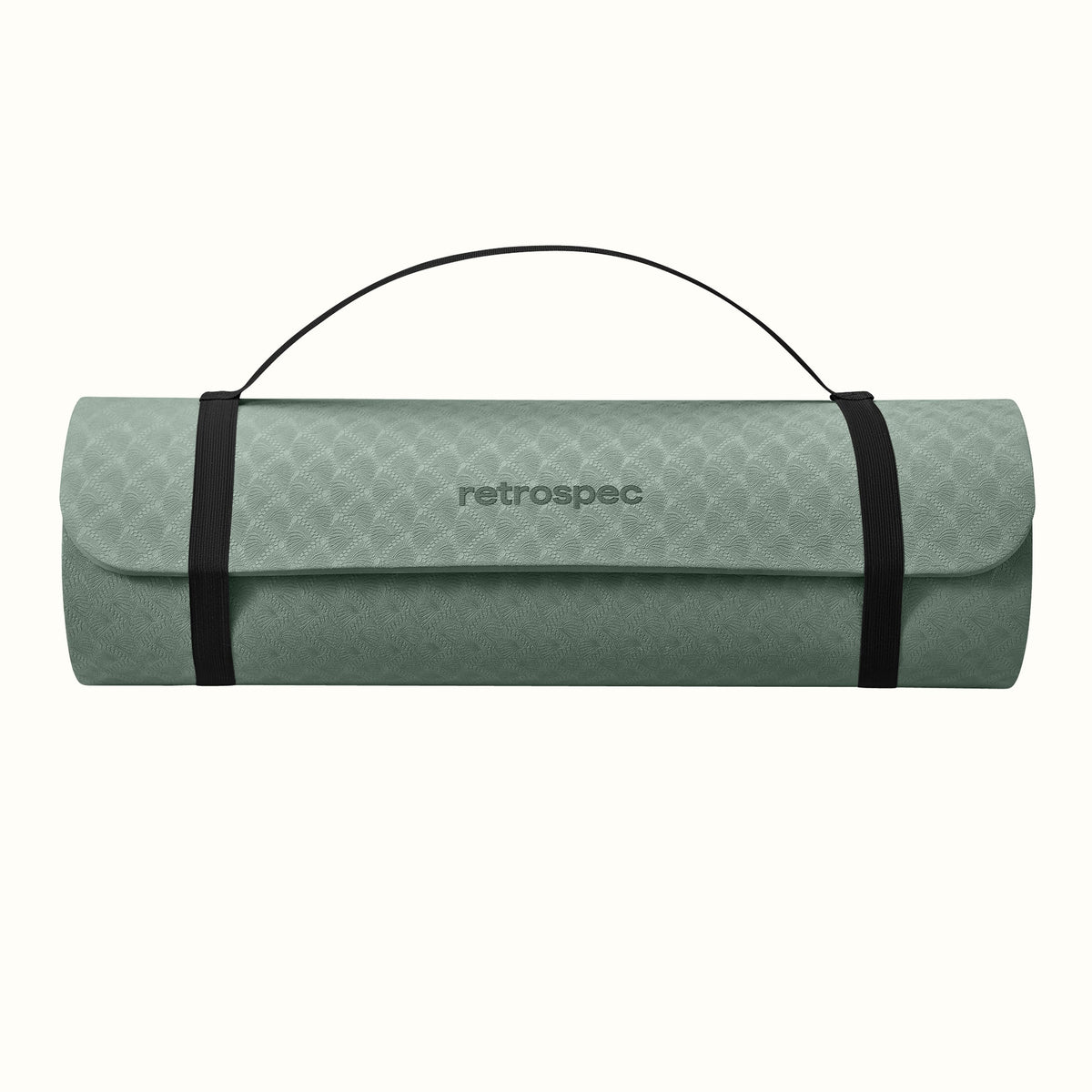 Sage rolled-up yoga mat with carrying strap and "retrospec" logo on a white background.