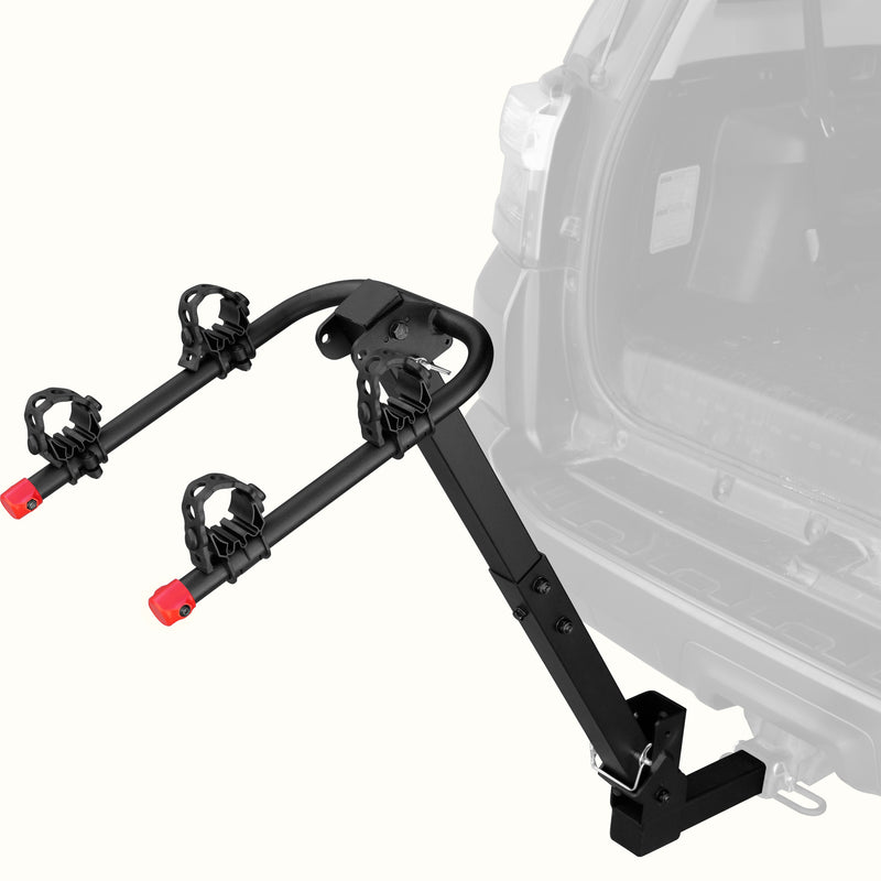 retrospec Lenox Hitch Mount Car Bike Rack (2 Bikes) installed on the rear hitch of a Toyota 4Runner, shown empty from a rear angle with cradle arms raised and red safety caps in place.