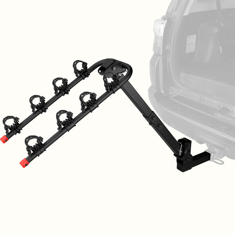 retrospec Lenox Hitch Mount Car Bike Rack (4 Bikes) installed on the rear hitch of a Toyota 4Runner, shown empty from a rear angle with cradle arms raised and red safety caps in place.