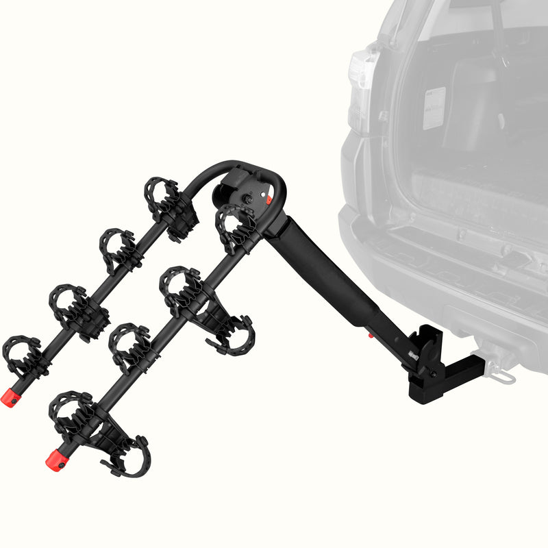 retrospec Lenox Plus Hitch Mount Car Bike Rack (4-Bikes) installed on the rear hitch of a Toyota 4Runner, shown empty from a rear angle with cradle arms raised and red safety caps in place.