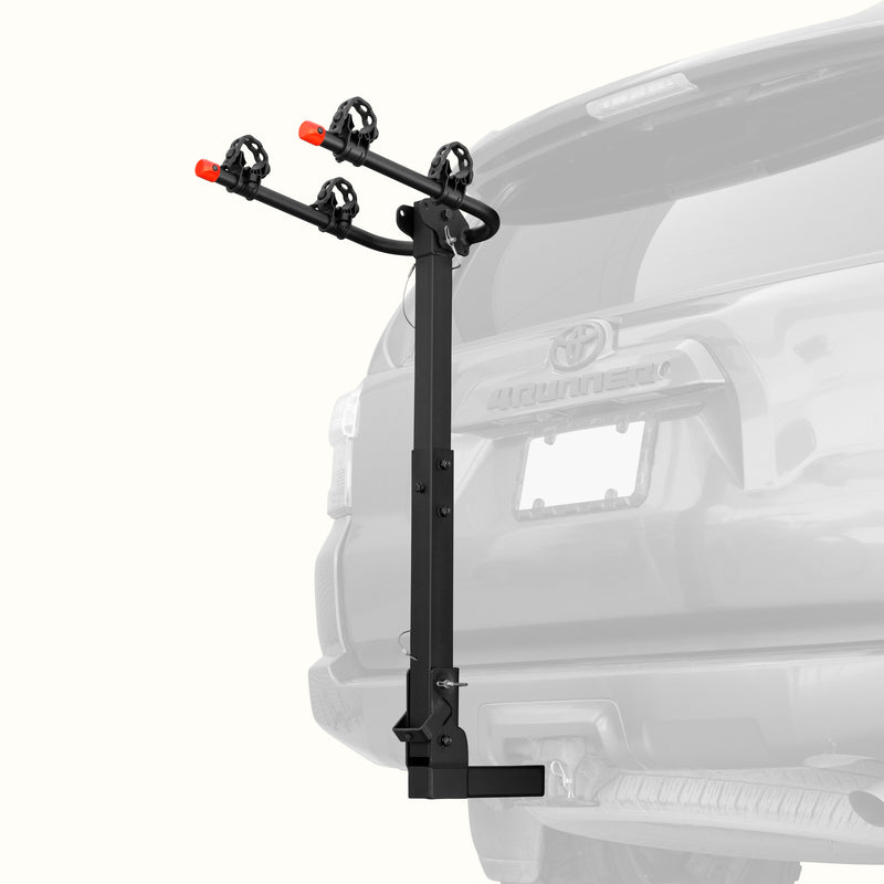 retrospec Lenox Hitch Mount Car Bike Rack (2-Bikes) installed on the rear hitch of an SUV, shown empty with cradle arms extended and ready to load.