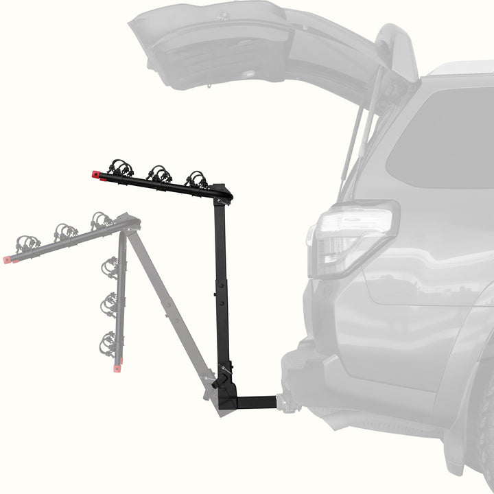 retrospec Lenox Hitch Mount Car Bike Rack (3-Bike) shown in both upright and tilted-down positions on the rear of an SUV with its trunk open, demonstrating the rack's tilt-away feature for easy cargo access.