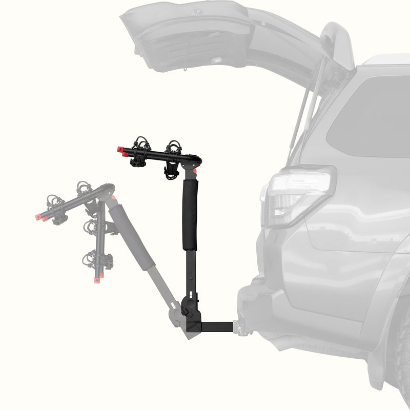 retrospec Lenox Plus Hitch Mount Car Bike Rack (2-Bike) shown in both upright and tilted-down positions on the rear of an SUV with its trunk open, demonstrating the rack's tilt-away feature for easy cargo access.