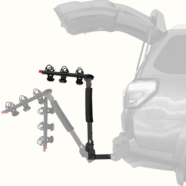retrospec Lenox Plus Hitch Mount Car Bike Rack (3-Bike) shown in both upright and tilted-down positions on the rear of an SUV with its trunk open, demonstrating the rack's tilt-away feature for easy cargo access.