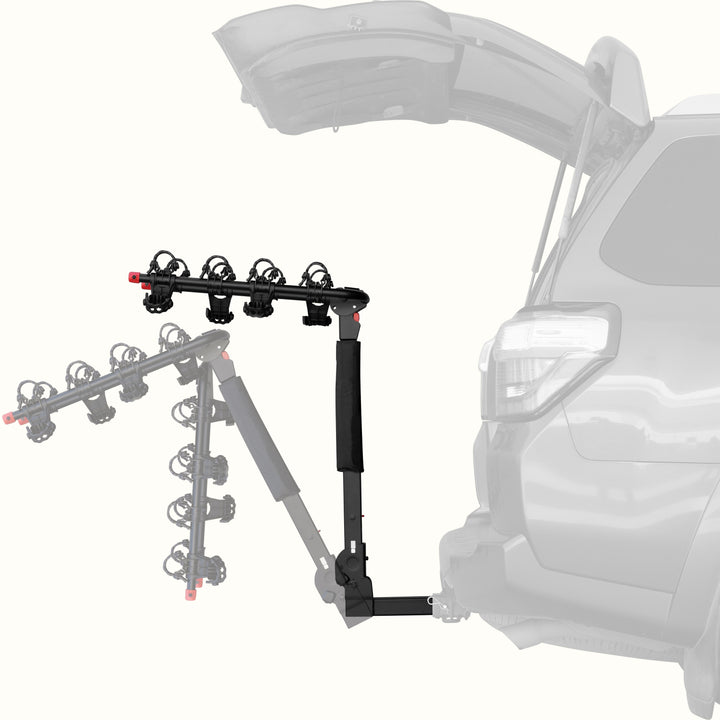 retrospec Lenox Plus Hitch Mount Car Bike Rack (4-Bike) shown in both upright and tilted-down positions on the rear of an SUV with its trunk open, demonstrating the rack's tilt-away feature for easy cargo access.