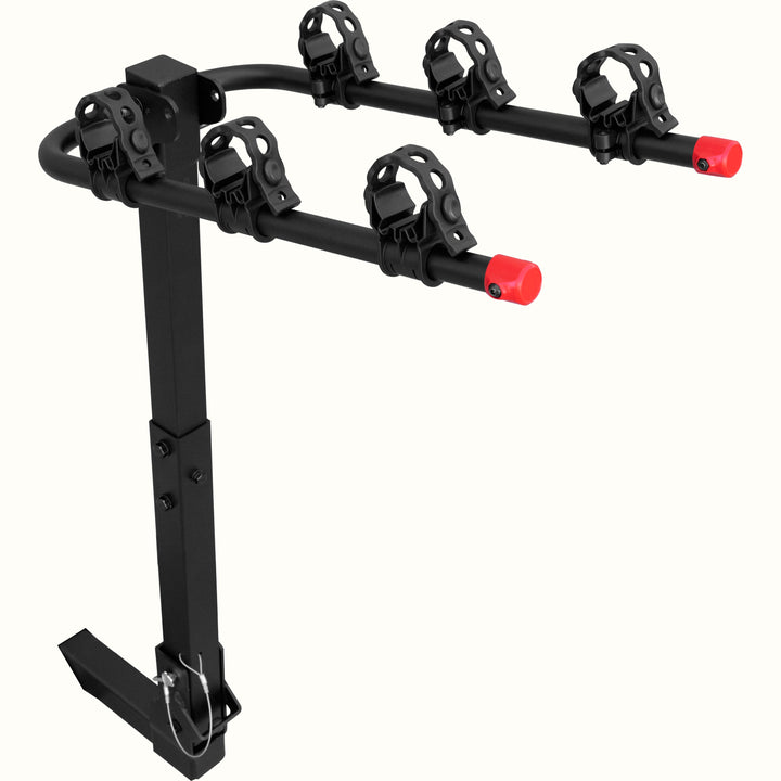 retrospec Lenox Hitch Mount Car Bike Rack (3-Bikes) shown in full against a clean background, with adjustable bike cradle arms, clamps, and red safety caps.