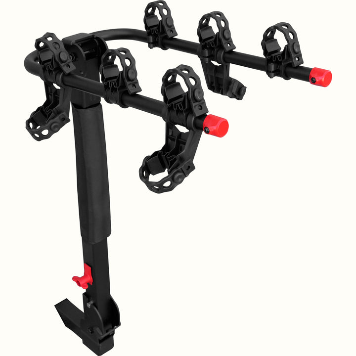 retrospec Lenox Plus Hitch Mount Car Bike Rack (3-Bikes) shown in full against a clean background, with adjustable bike cradle arms, padded clamps, red safety caps, and a red hitch locking lever visible.