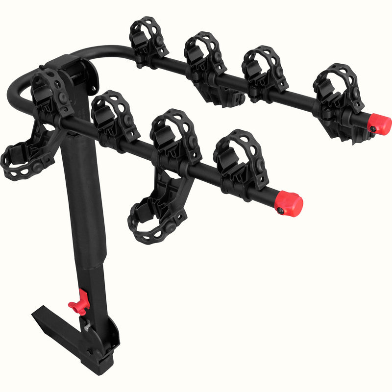 retrospec Lenox Plus Hitch Mount Car Bike Rack (4-Bikes) shown in full against a clean background, with adjustable bike cradle arms, padded clamps, red safety caps, and a red hitch locking lever visible.