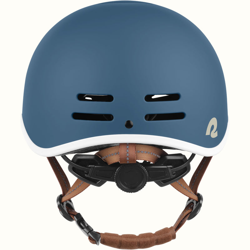 Back view of a navy blue remi youth bike helmet featuring rear vents and a dial-fit adjuster.