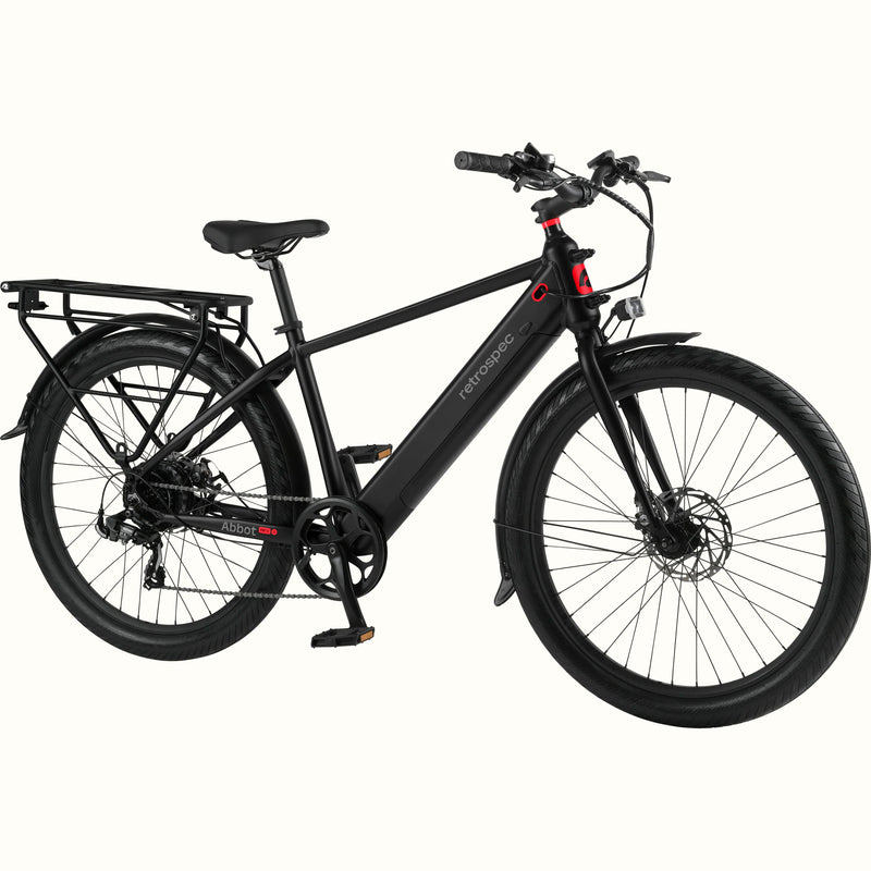 Black Abbot Rev 2 Commuter Electric Bike with red accents and rear rack on a white background.