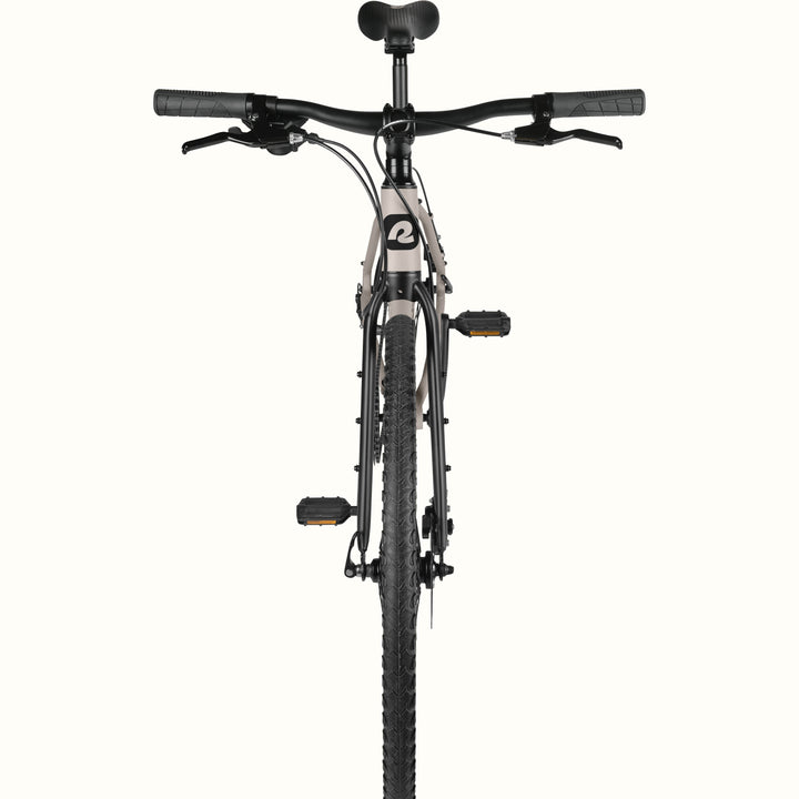 Front view of a matte gray bike with black components on a white background.