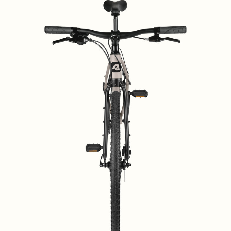 Front view of a matte gray bike with black components on a white background.
