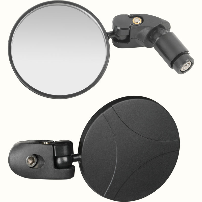 Two round mirrors for a bike or ebike, one showing the reflective surface and the other the back.