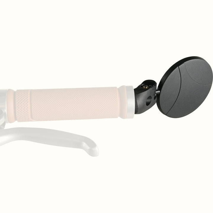 The rear view of a bike or ebike bar end mirror attached to a handle grip on a white background.