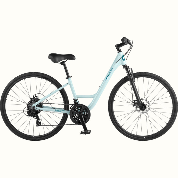 retrospec Barron Plus hybrid bike for women in larimar, with step-through frame, front suspension fork, and disc brakes.