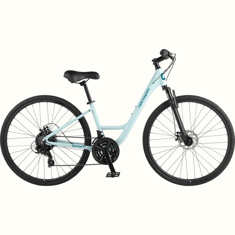 retrospec Barron Plus hybrid bike for women in larimar, with step-through frame, front suspension fork, and disc brakes.
