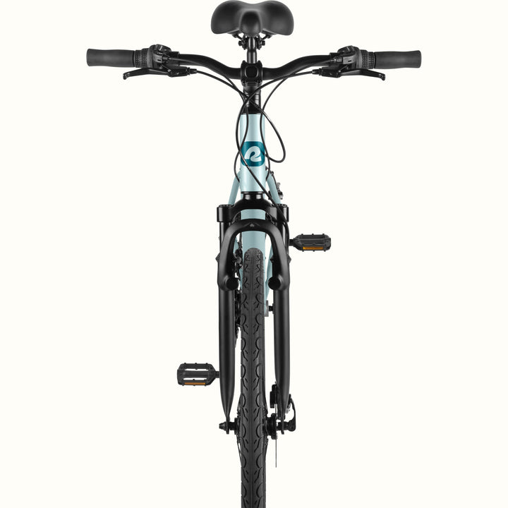 retrospec Barron Plus in larimar, front view showing suspension fork, disc brake rotor, and upright handlebars.