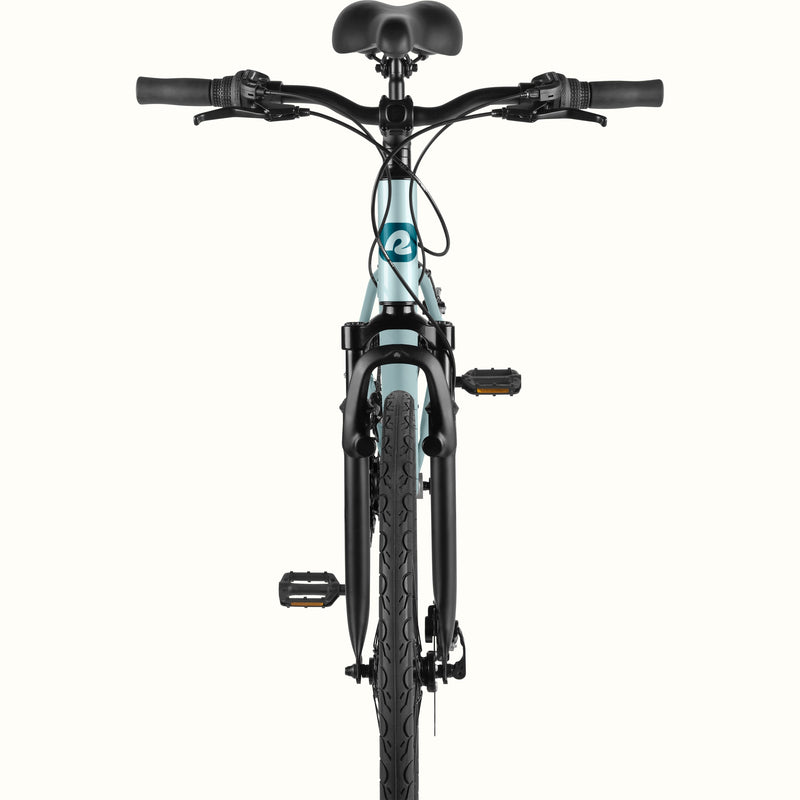 retrospec Barron Plus in larimar, front view showing suspension fork, disc brake rotor, and upright handlebars.