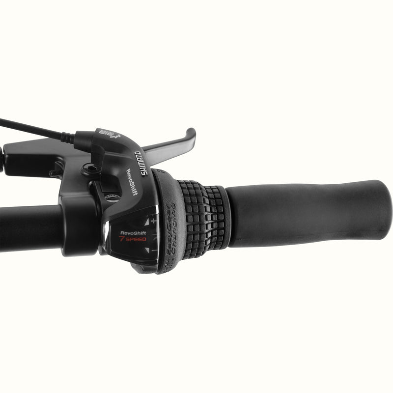 Shimano RevoShift 7 speed hybrid bike shifter and grip on the retrospec Barron Plus in larimar.