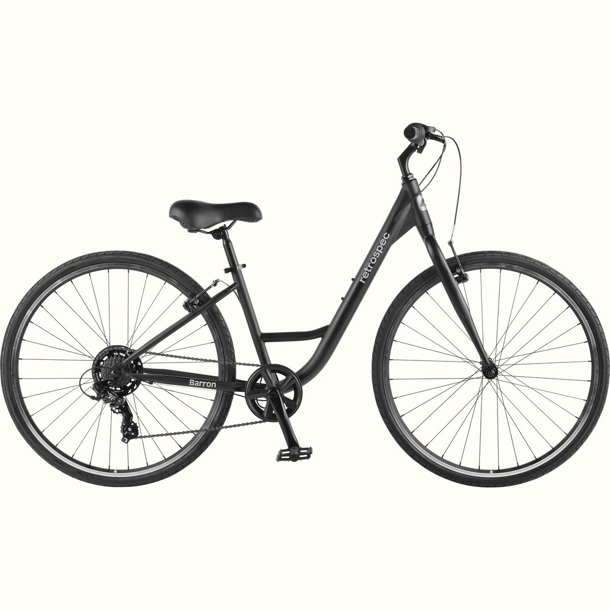 retrospec Barron hybrid bike in matte black with a step through frame and black tires
