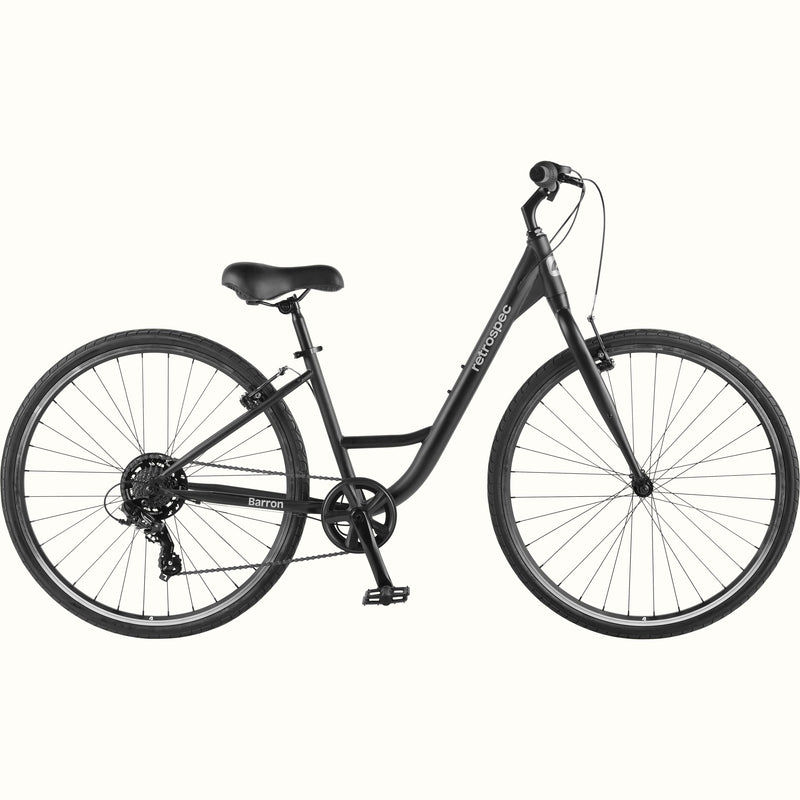retrospec Barron hybrid bike in matte black with a step through frame and black tires
