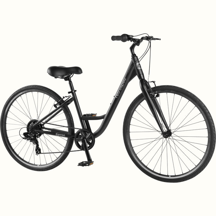 retrospec Barron commuter bike in matte black shown from a front angle side view
