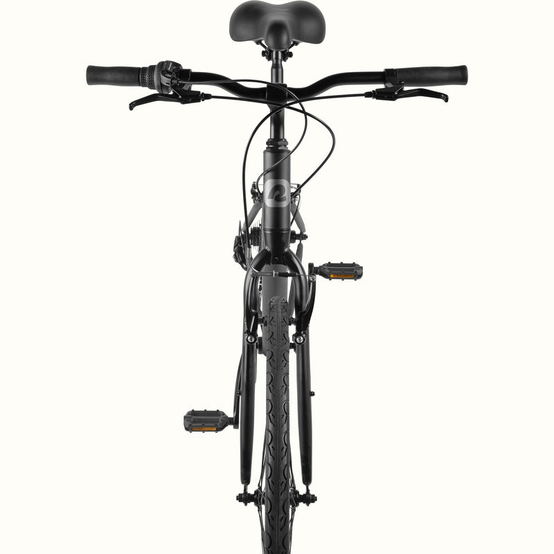 retrospec Barron step through bike in matte black, front view showing the frame and pedals
