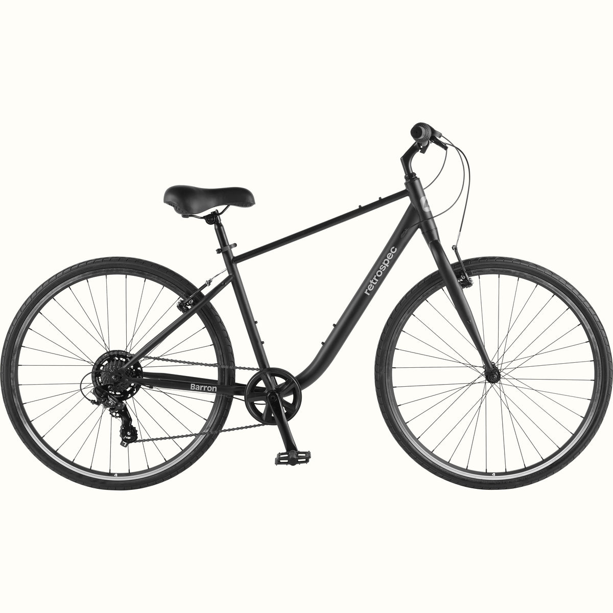 retrospec Barron black city bike in matte black, side profile showing frame geometry and rear cassette.