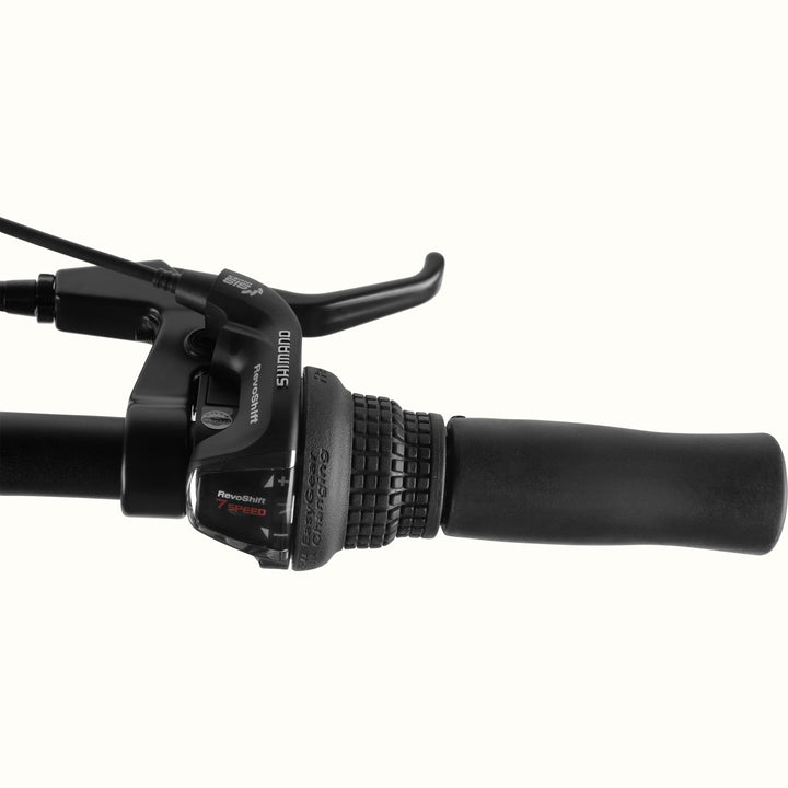Shimano 7 speed bike shifter detail on the retrospec Barron in matte black.