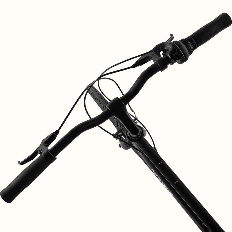 retrospec Barron matte black handlebar close-up, showing RevoShift shifter, brake lever, and foam grips.