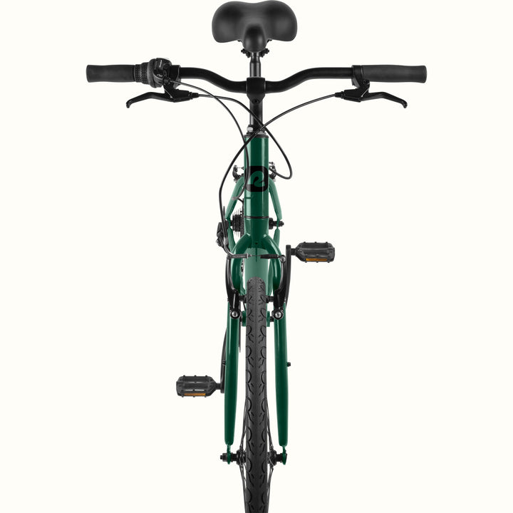 retrospec Barron hybrid bike in sycamore green, front view showing the step over frame and pedals
