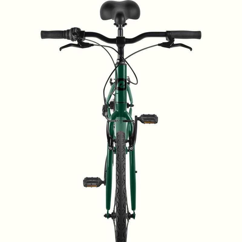 retrospec Barron hybrid bike in sycamore green, front view showing the step over frame and pedals
