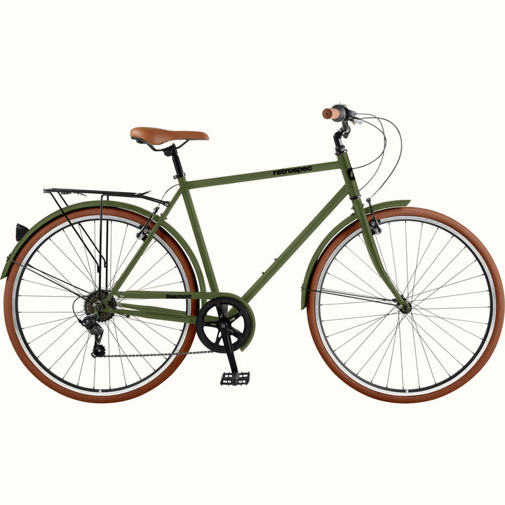 retrospec Beaumont 7 speed city bike in matte olive drab, featuring a step-over frame and chrome cargo rack.