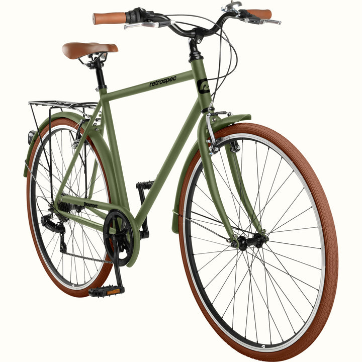 retrospec Beaumont city bike men will find comfortable, in matte olive drab with brown tires, fenders, and rear rack.