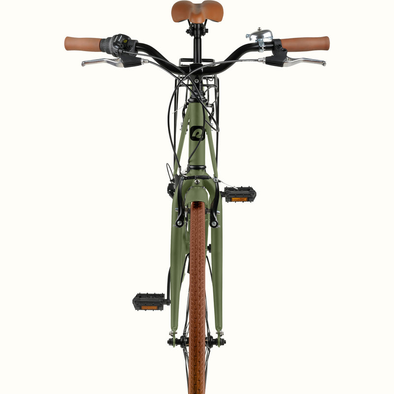 retrospec Beaumont commuter bike with rack, showing swept handlebars, bell, and multi-speed shifter in matte olive drab.