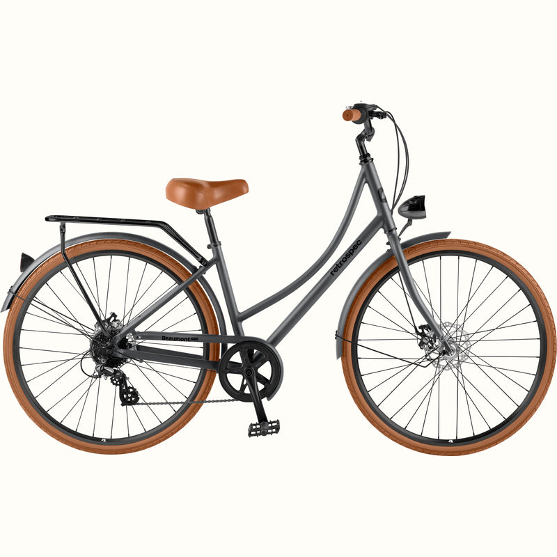 Side view of the retrospec Beaumont Plus step through bike in matte graphite with rear rack and disc brakes.