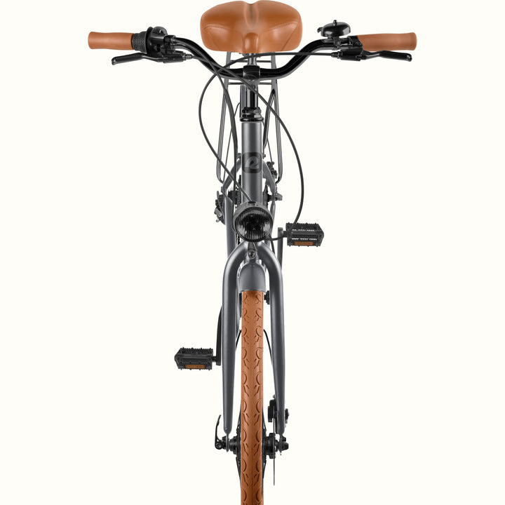 Front view of the retrospec Beaumont Plus city bike showing swept handlebars, brown grips, bell, and headlight.