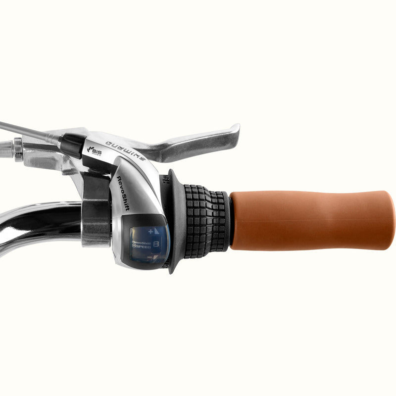 Close-up of the Shimano RevoShift 8 speed shifter and cork grip on the retrospec Beaumont Plus womens commuter bike.
