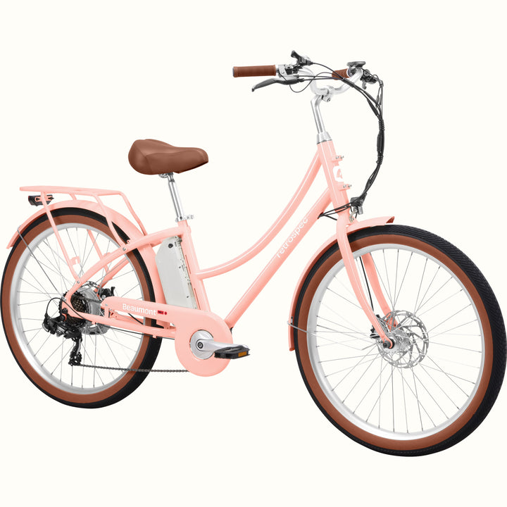 Pink Beaumont Rev 3 City Electric Bike - Step Through with brown seat and tires on a white background.