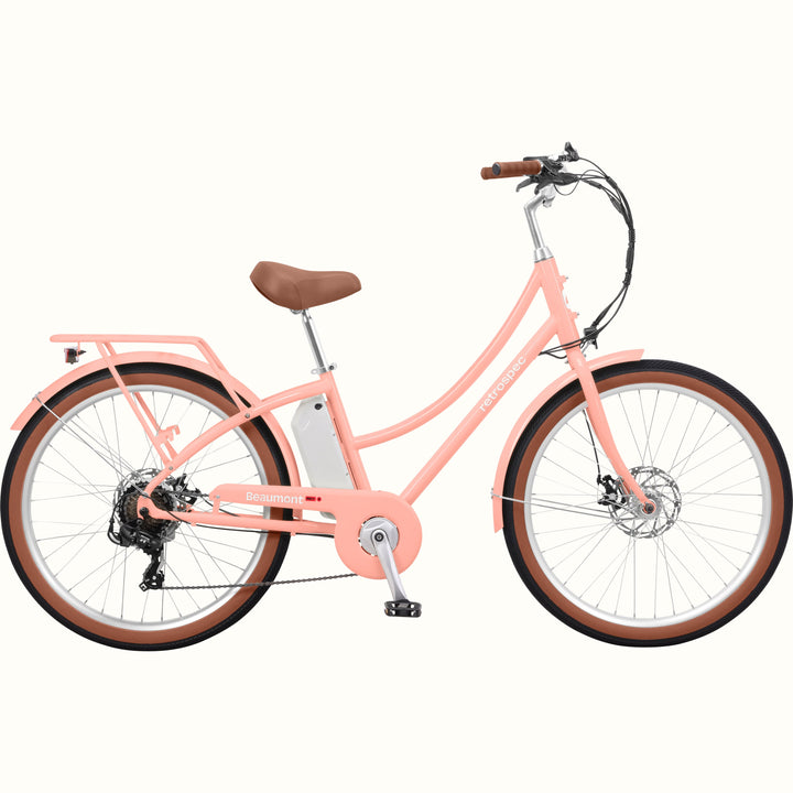 Pink Beaumont Rev 3 City Electric Bike - Step Through with brown seat and tires on a white background.
