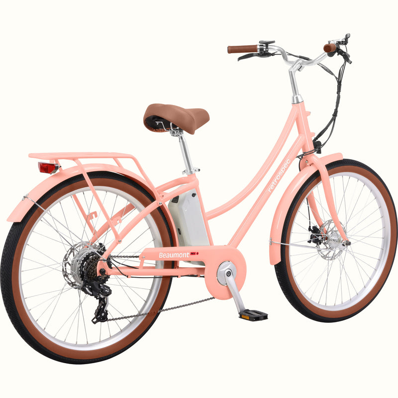 Pink Beaumont Rev 3 City Electric Bike - Step Through with brown seat on a white background.